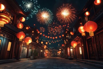 Chinese New Year Celebration: Fireworks Over Ancient Street with Lanterns and Traditional Architecture. AI generated illustration
