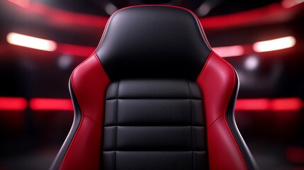 A close up of a red and black gaming chair in a dark room