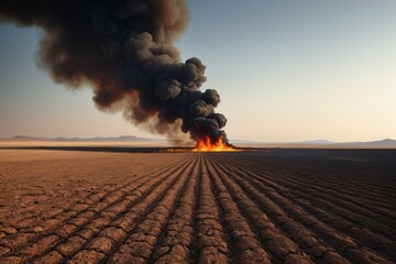 arafed field with a large plume of black smoke rising from it