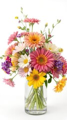 Fototapeta premium Vibrant flower arrangement in glass vase, isolated on white, image, macro, vase