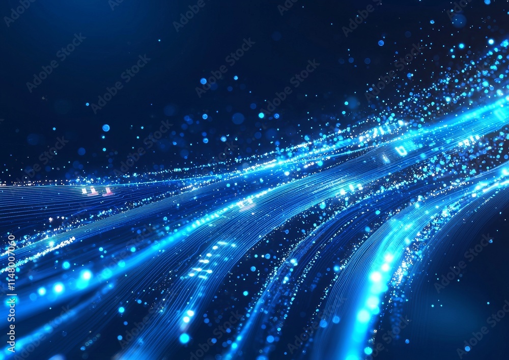 Poster dynamic blue light trails create a mesmerizing visual effect with sparkling dots and flowing lines i