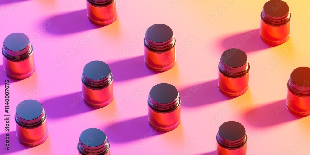 Poster repeating wave-like pattern of skincare jars across a gradient background.