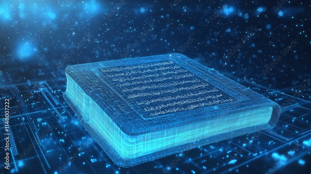 Poster digital representation of a book with illuminated text showcasing advanced technology and creativity