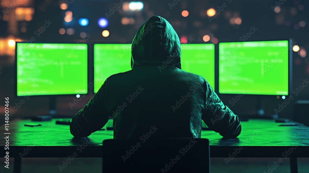 Poster hooded figure working at night with multiple green screens