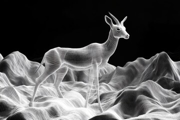 A digital wireframe illustration of a gazelle standing in an abstract landscape, featuring a black background and white lines.
