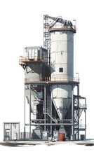 Obraz premium Towering industrial plant with storage silos chimneys and intricate pipeline systems against an urban skyline showcasing the power and scale of modern manufacturing and energy production facilities