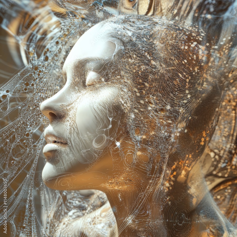 Poster portrait of a serene figure with intricate patterns illuminated by warm light, capturing emotion and
