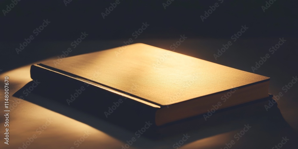 Poster a book is sitting on a table with the light shining on it. the book is open to a page with a title t