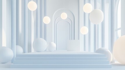 Minimalist White Interior With Spherical Lights And Columns