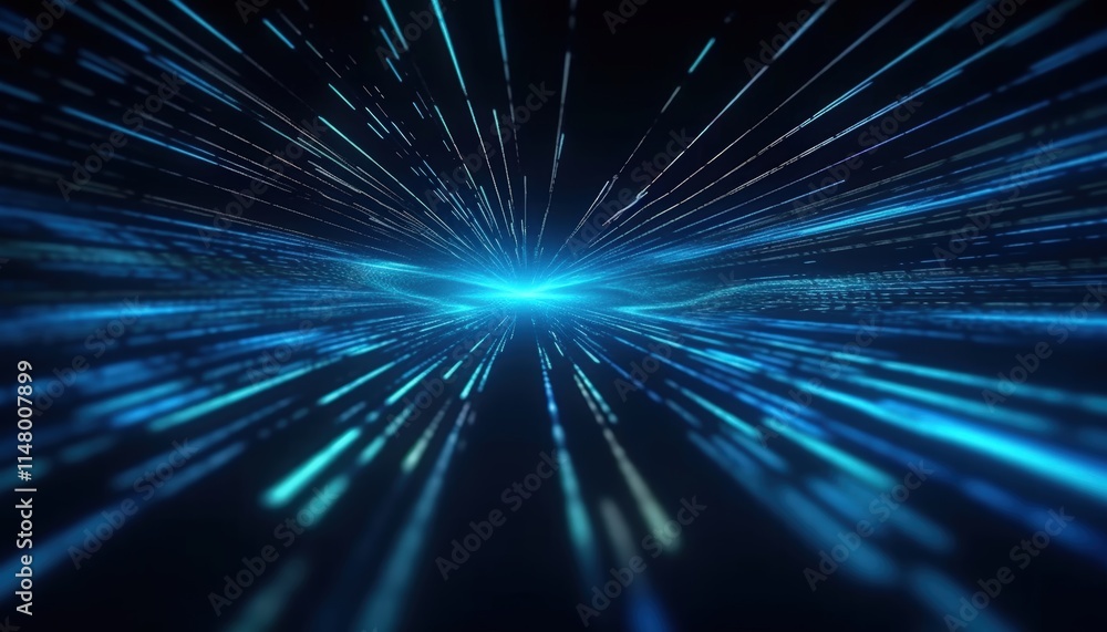 Poster futuristic blue light streaks in abstract space perspective with dynamic illumination and flowing en