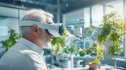 Modern office setup with augmented reality device, showcasing technology and innovation