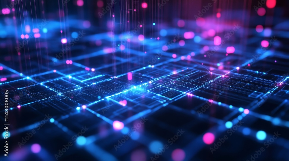 Poster neon grid pattern with floating particles creating a digital landscape in an abstract representation