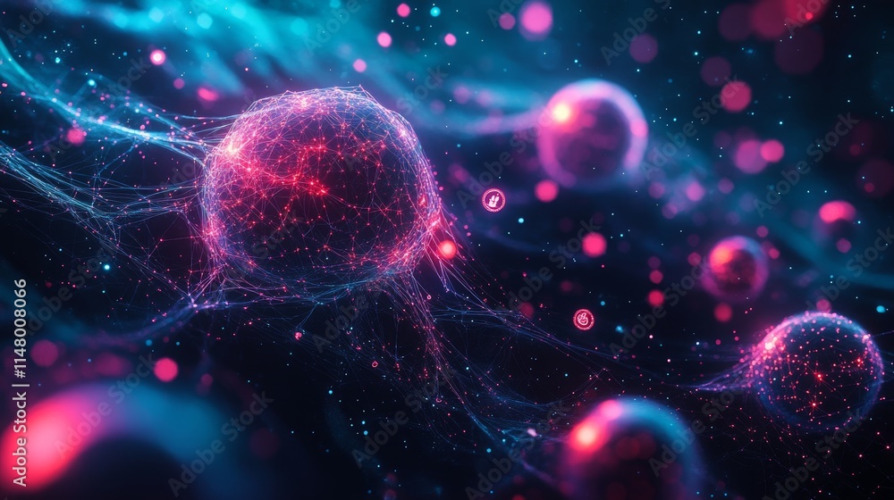 Poster colorful representation of cells with vibrant patterns in a cosmic environment, showcasing biologica