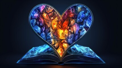 An open book with a heart-shaped arrangement of colorful gems, symbolizing knowledge and love.