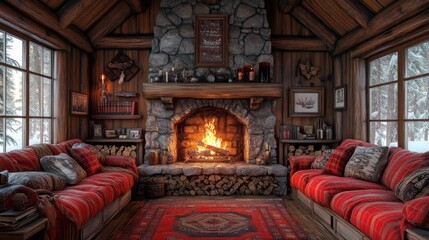 Fototapeta premium Cozy cabin, fireplace burning, winter scene.