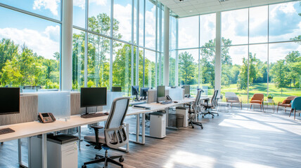 Modern office workspace with large windows and natural light