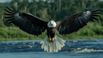 Fototapeta premium A majestic bald eagle soars gracefully above water, showcasing its impressive wingspan against a lush green backdrop.