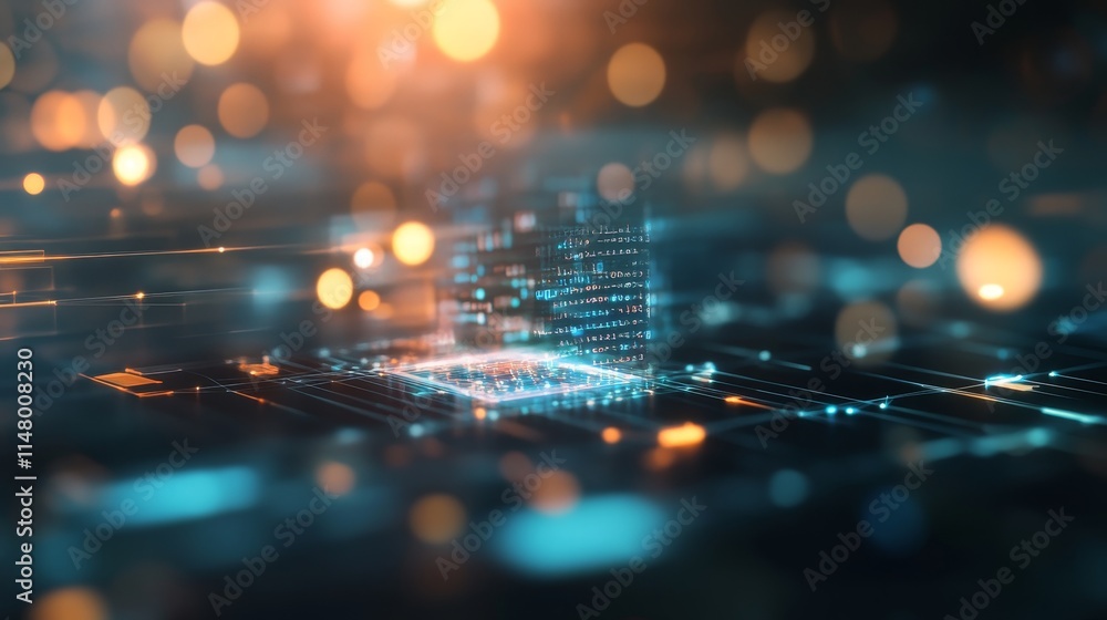 Poster modern technology showcasing a digital circuit board illuminated with vibrant colors and intricate p