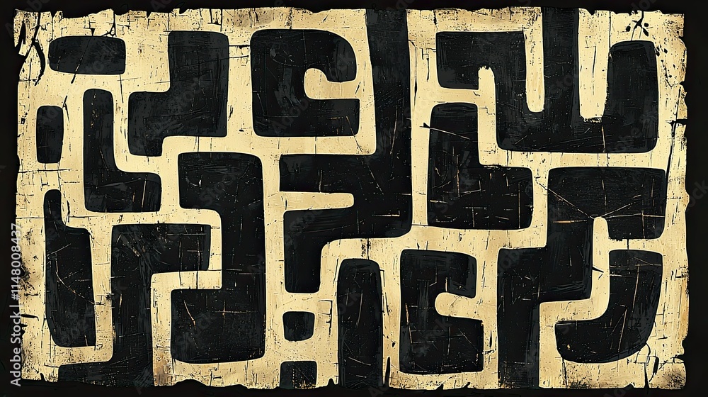 Poster abstract black and white maze-like pattern on a textured background.