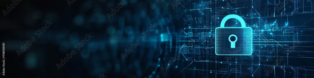 Poster digital security concept with lock symbol representing cybersecurity in a futuristic environment wit