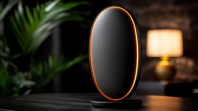 A black and orange light on a table next to a lamp