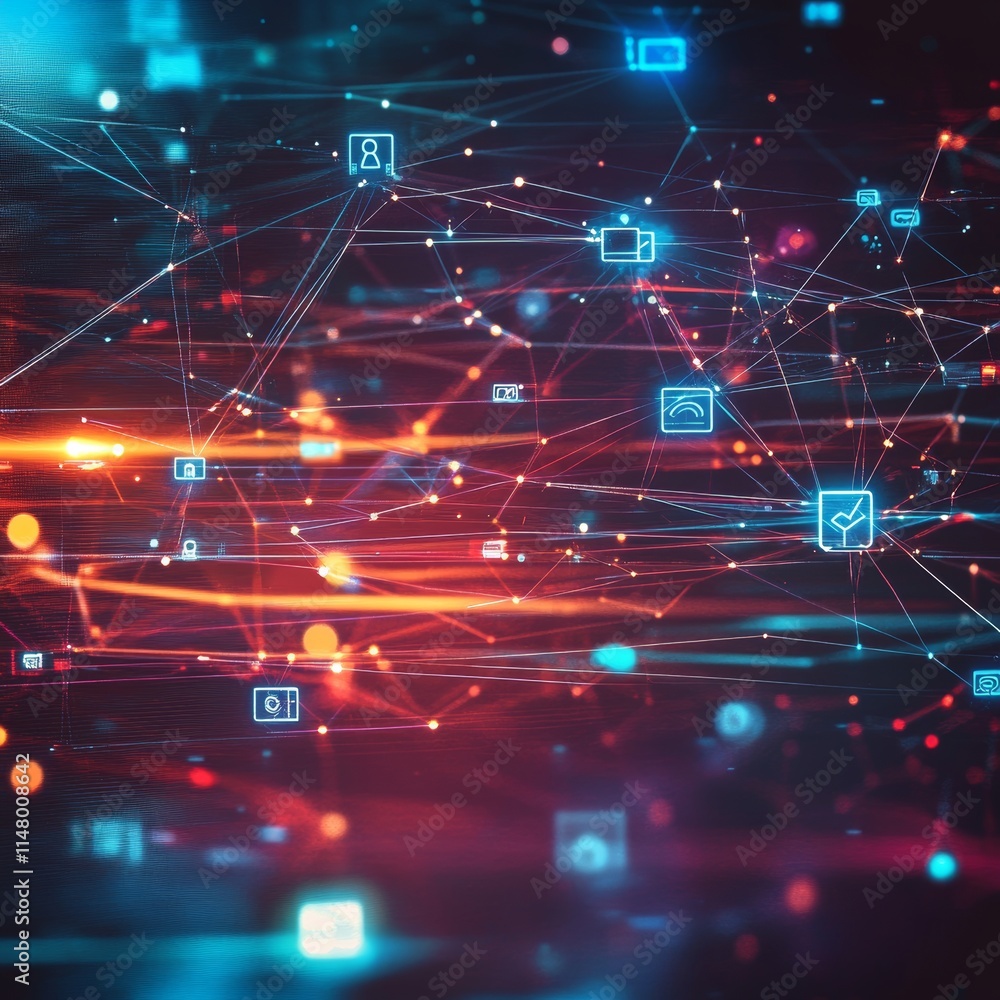 Poster digital network connections visualized with glowing icons illustrating social media, technology, and