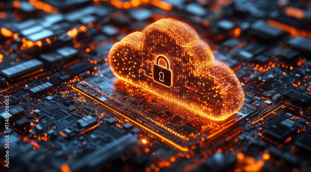 Poster digital cloud storage symbol with lock on microchip background, representing data security and techn