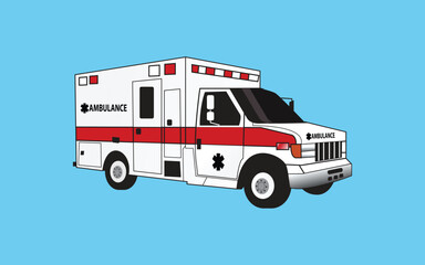 An ambulance illustration with a red stripe, emergency lights, and medical symbol, on a solid blue background, designed in a flat, clean vector style. © Hamzaas