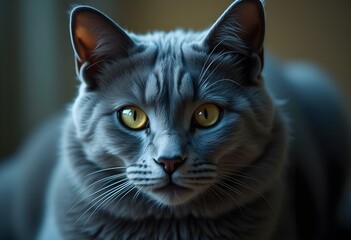 Cute Russian Blue Cat A Domestic Feline with Soft Fur Bright Eyes and a Precious White Coat