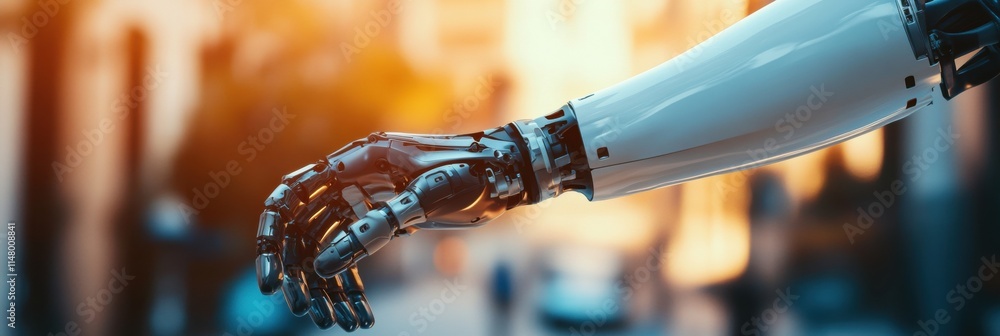 Poster Prosthetic arm demonstrating mobility and functionality in an urban environment during sunset. Generative AI