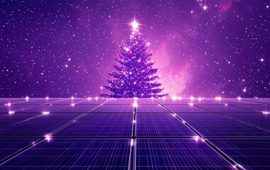 Solar panels with a sparkling holiday tree in front, set against a deep purple background with glowing accents