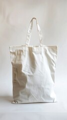 A white tote bag on a surface with a handle, against a plain white background. Shadow beneath indicates 3D structure, adding to minimalist composition.