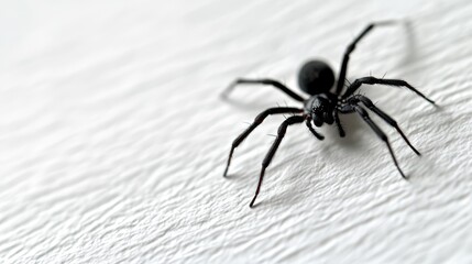 A black spider sitting on top of a white surface