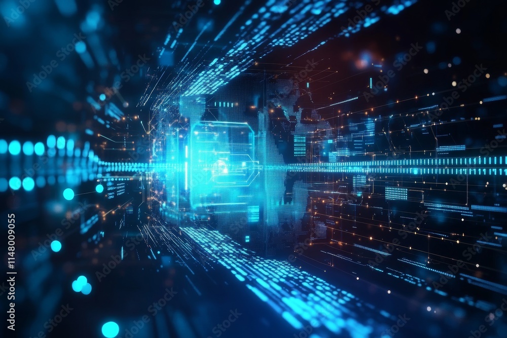 Poster digital tunnel with glowing lines and data streams flowing through a futuristic space showcasing tec