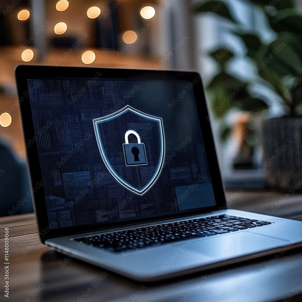 Poster computer screen displays a security shield with a lock symbol showcasing digital protection against 