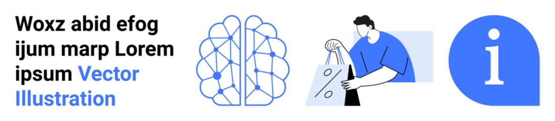 Text on the left, a neural network brain in the center, a person holding shopping bags, and an info symbol. Ideal for technology, marketing, e-commerce, AI, data analysis consumer behavior