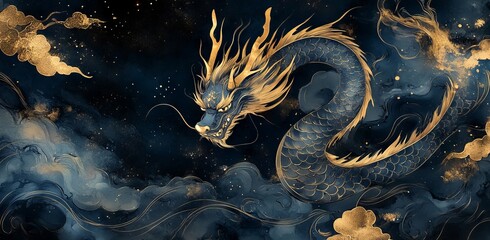 Dark Blue and Gold Dragon in Ink Art with Flowing Water Waves. AI generated illustration
