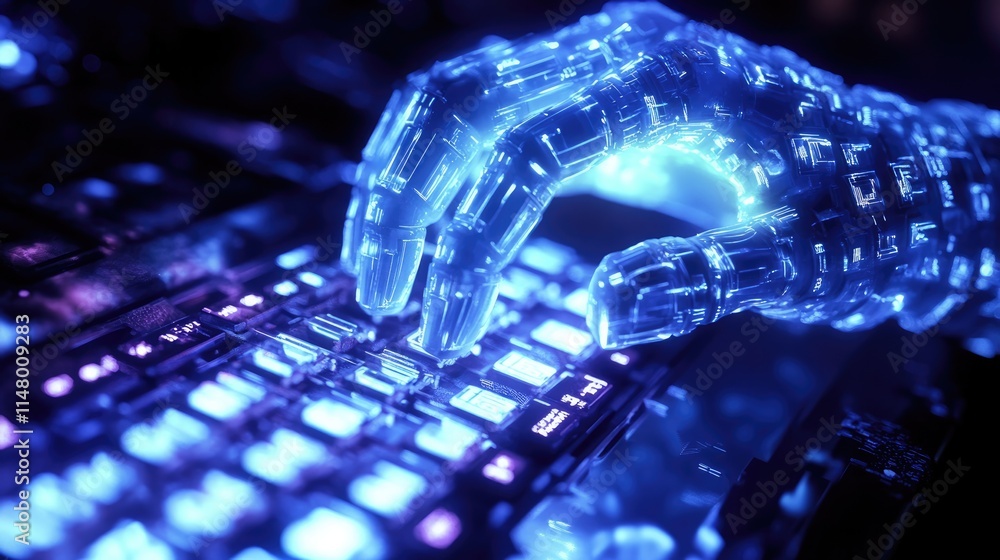 Poster cybernetic symphony: a translucent robotic hand gracefully interacts with a glowing digital interfac