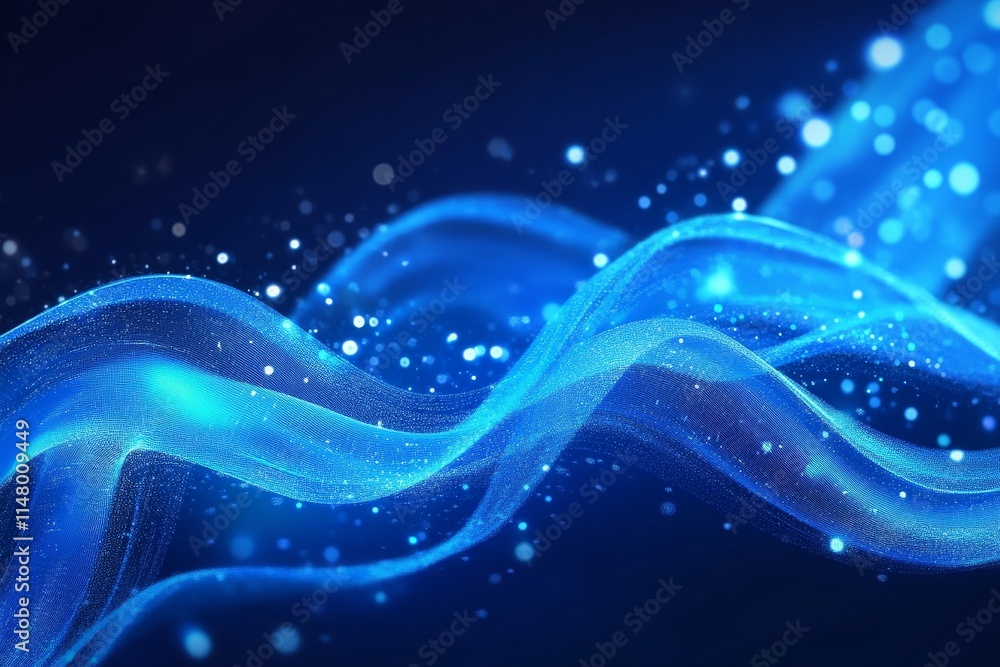 Poster dynamic blue waves with glowing particles creating a mesmerizing visual display in a digital environ