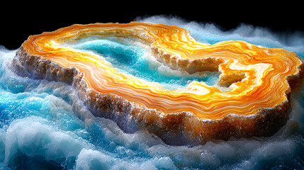 Fototapeta premium Abstract island-like agate geode with orange and blue layers.