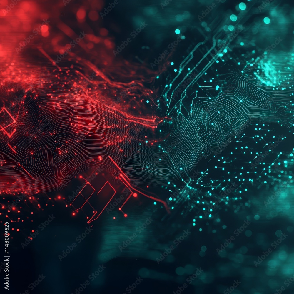 Poster colorful abstract representation of digital data visualization with intricate patterns and glowing e
