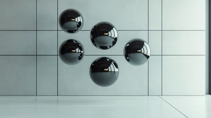 Minimalist design with floating black spheres in modern interior