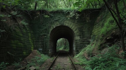 An eerie, ancient railway tunnel in a forest, overgrown with moss and surrounded by dense vegetation. The abandoned tracks hint at neglect and mystery.