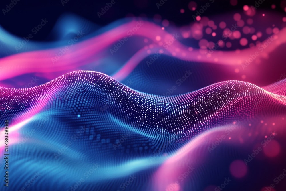 Poster colorful abstract digital waves illuminate the dark background, creating a vibrant visual of technol