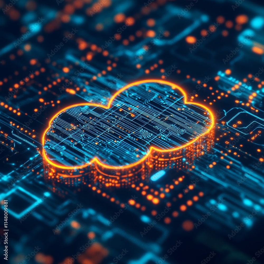 Poster colorful digital cloud symbol representing cloud computing and data storage technologies with circui