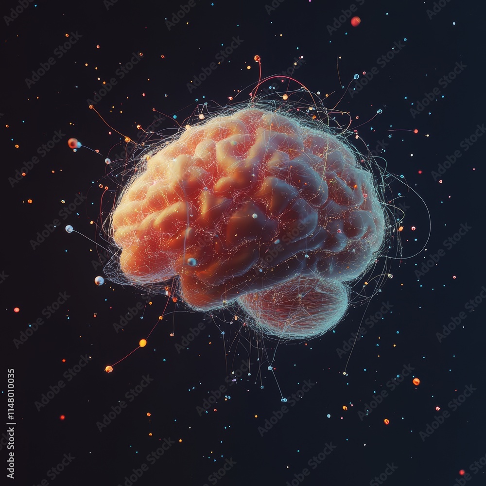 Poster visual representation of a brain surrounded by cosmic elements illustrating connections and thoughts