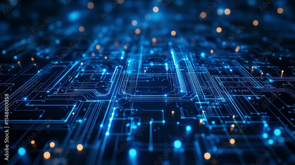 Poster digital circuitry with glowing blue lights creating a futuristic technology background in a dark set