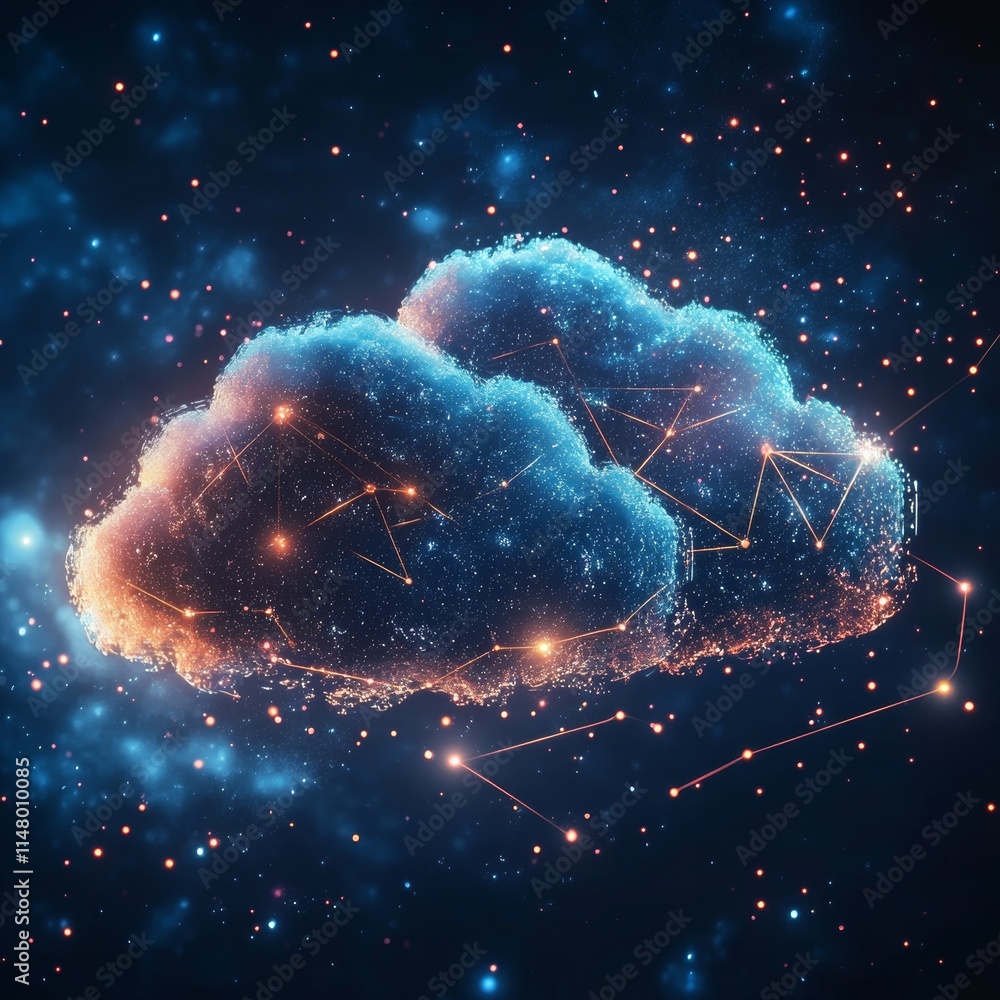 Poster digital clouds illuminated by stars and cosmic patterns in a vibrant space background