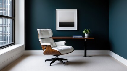 Modern office interior featuring stylish chair and desk in minimalist design