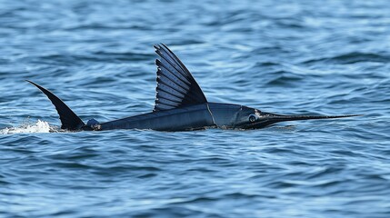 Fototapeta premium A majestic fish breaching the surface of the ocean, showcasing its dorsal fin and sleek body against the shimmering blue water.